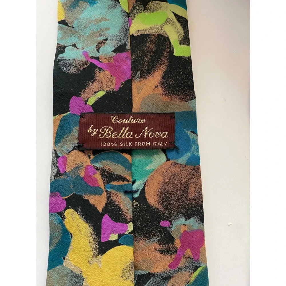 Bella Nova Mens Silk Tie Italy Abstract Floral Watercolor Teal Purple Gold 4in